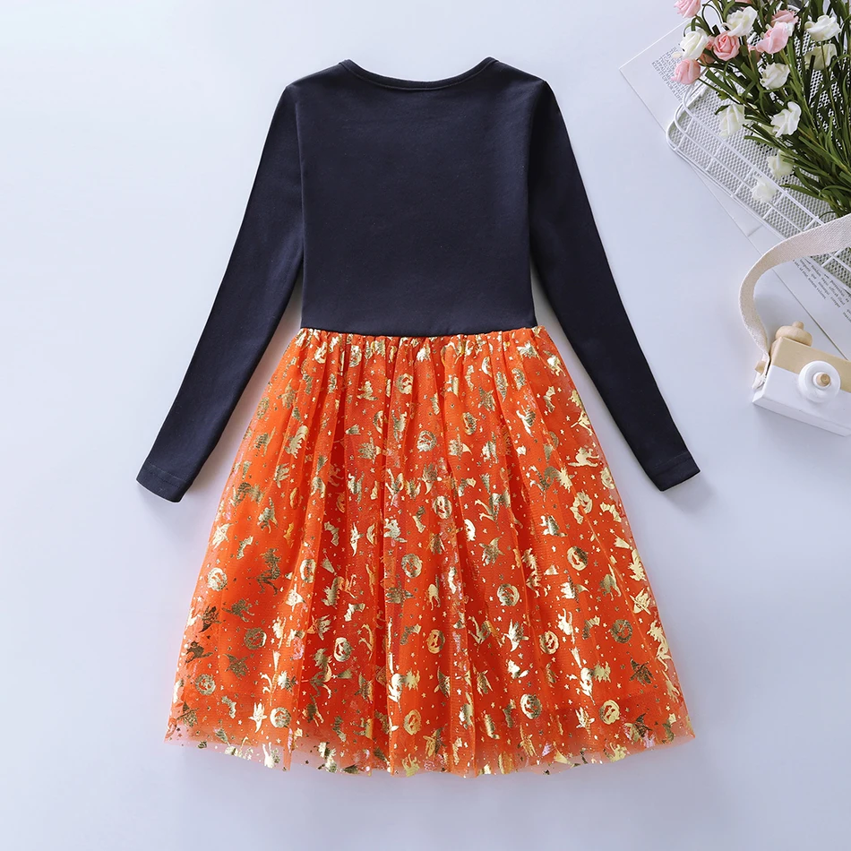 Elegantly Girls Pumpkin-Themed Mesh-Accented Autumn Halloween Celebration Girls Casual Dresses Girls Long Sleeves Dresses