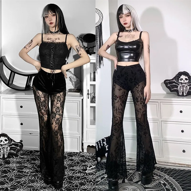 

Sexy Halloween Dark Lace Pants High Waist Flared Netting Women's Spicy See-through Dance Broadcasters Fashionable Trousers