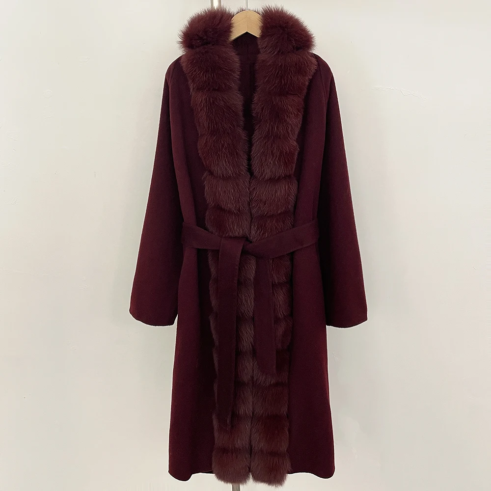 Natural Fox Fur Collar Wool Fur Coat High Quality Women's Long Fur Coat Reality Fur Coat Luxury Women 2025 Woolen Blend Coat