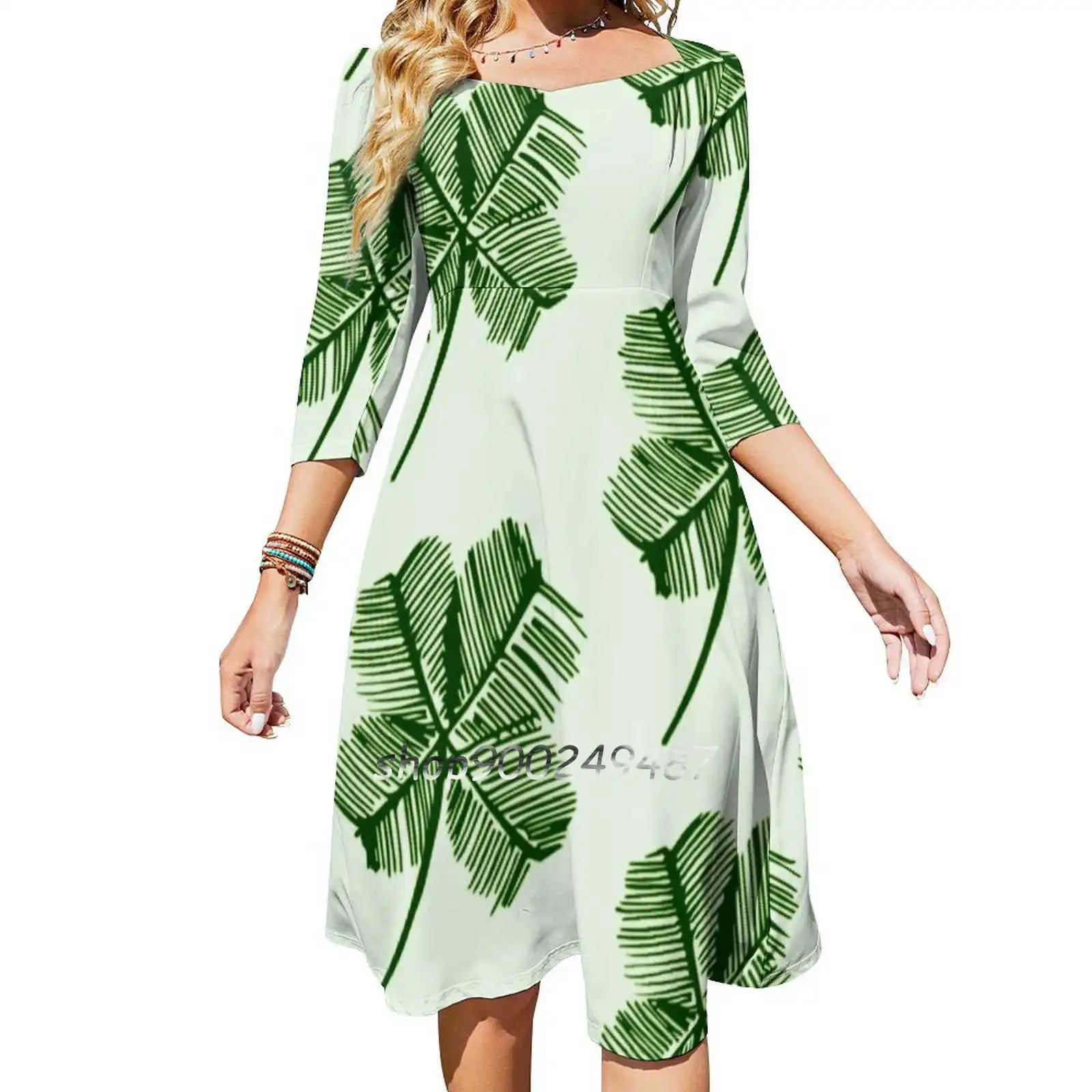 Lucky Shamrock Pattern Square Neck Dress New Plus Size Elegant Women Waist Tight Dress Irish Shamrock Luck Pride Tropical Leaf