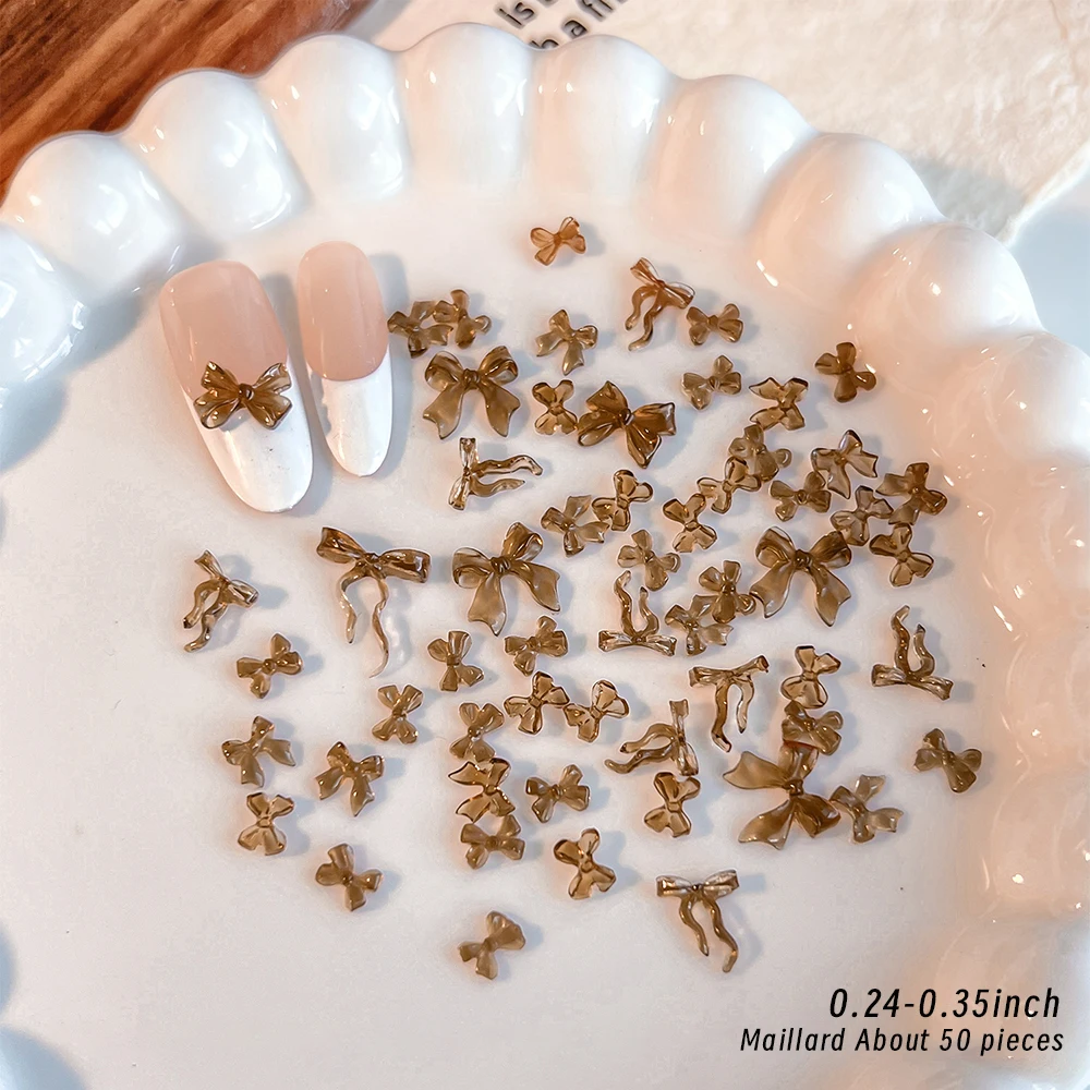 50個/ロット リボンボウ レジンネイルチャーム レッドブラウン マイラードミックス ボウノットネイルアクセサリー 秋冬 Y2K 蝶ネクタイネイルデコレーション