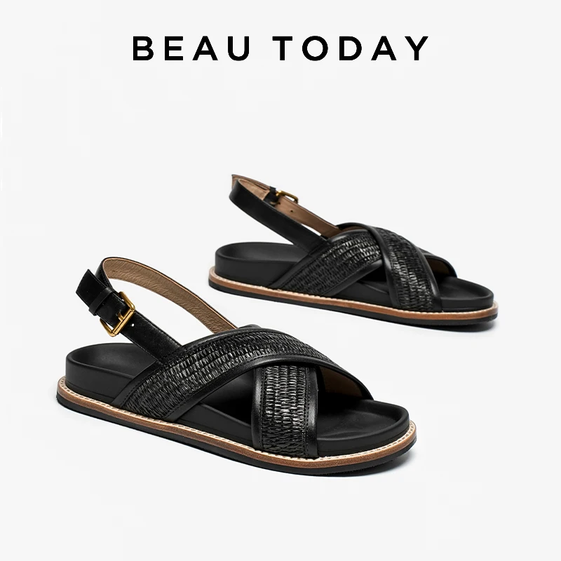 BEAUTODAY Beach Sandals Women Hemp Patchwork Solid Color Ankle Strap Summer Vacation Outdoor Ladies Flat Shoes Handmade 34550