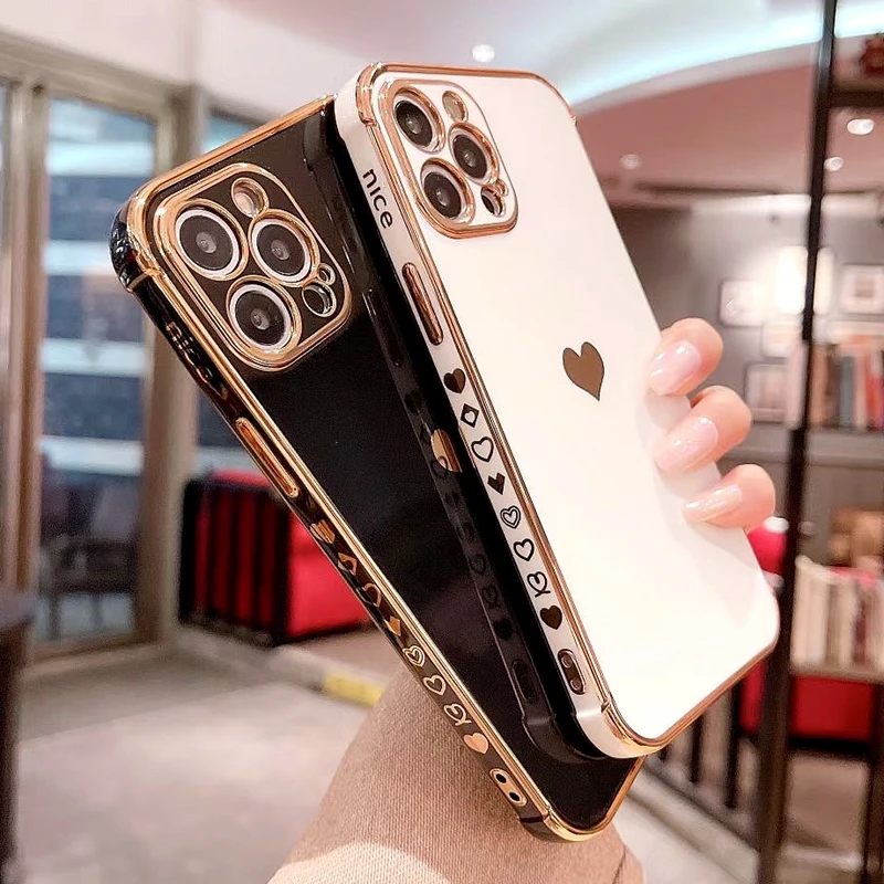 

Soft Electroplated Love Heart Phone Case For iPhone 11 12 13 14 Pro Max XS X XR 7 8 Plus Mini SE 2020 Shockproof Bumper Cover