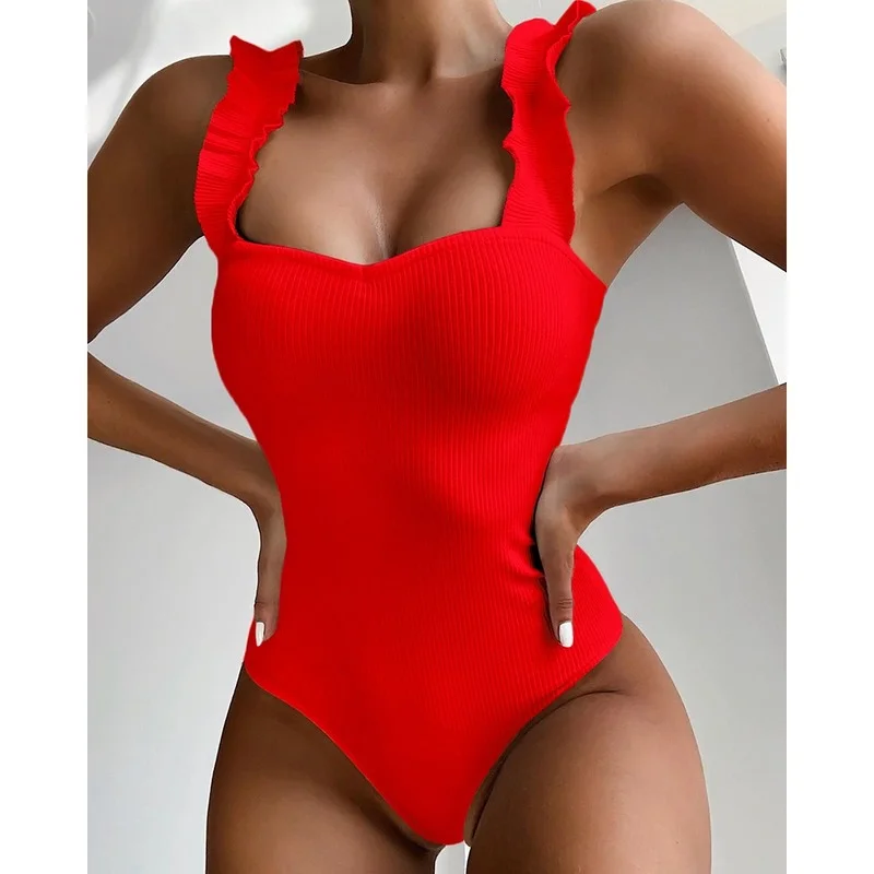 2023 Vintage Swimsuit Women One Piece Ruffle Strap Swimwear Female Push Up Monokini Padded Beach Bathing Suits Black Bodysuits