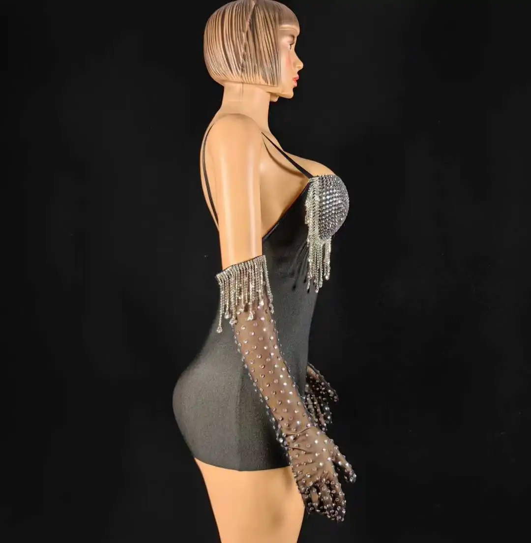 จั๊มพ์สูทสายเดี่ยวประดับพู่เซ็กซี่+ถุงมือ ชุดราตรีตาข่ายสำหรับงานพรอม งานเฉลิมฉลองวันเกิด ถ่ายภาพ โชว์บนเวที