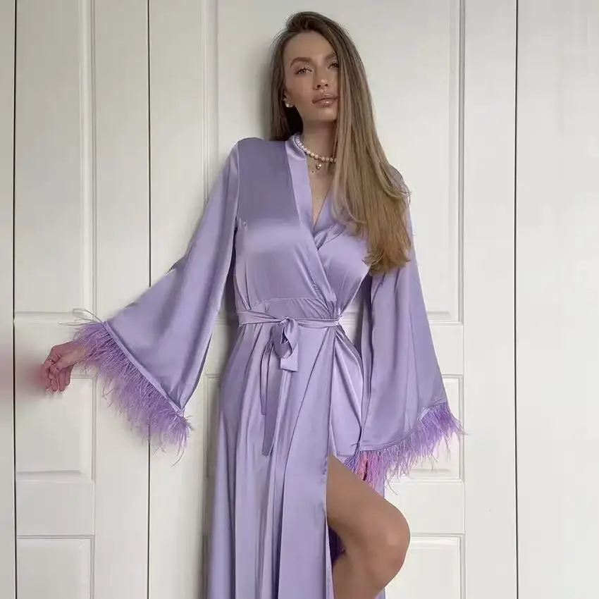 

Bride Robe For Wedding Day With Feather Long Silk Lavender Boudoir Kimono Boudoir Lingerie Satin Robes Bridal Bridesmaid Gifts