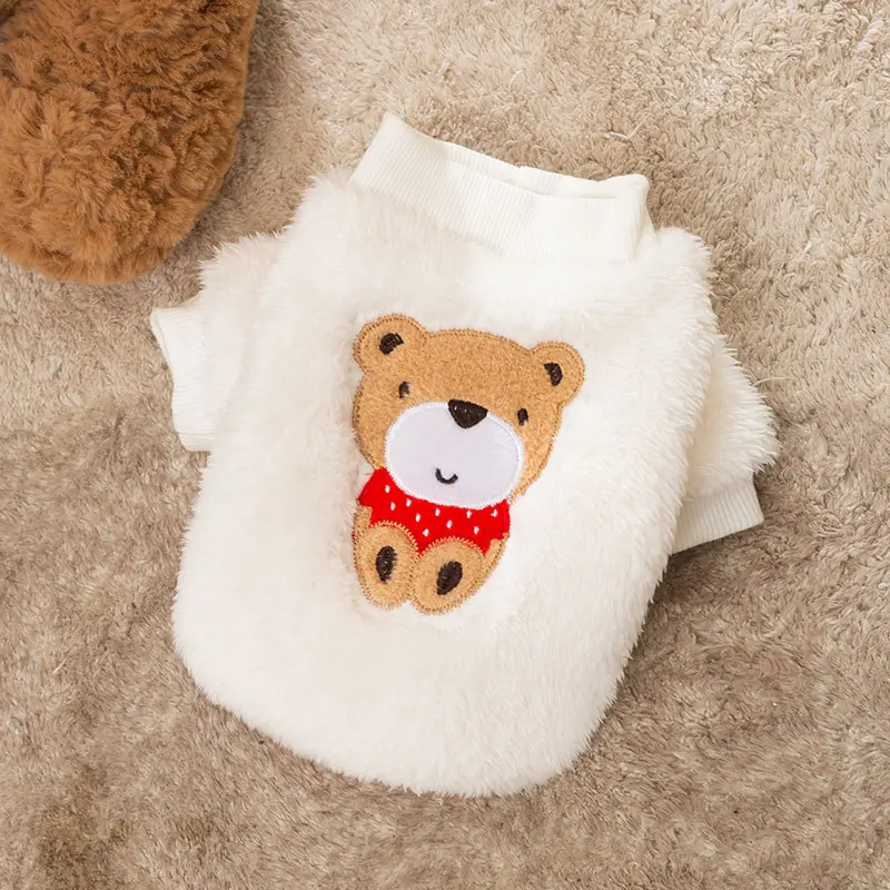 

Cute Pet Autumn Winter Plush Teddy White Bear Patch Hoodie Spring and Autumn Thick Two Legged Pet Dog Coat Puppy Clothes
