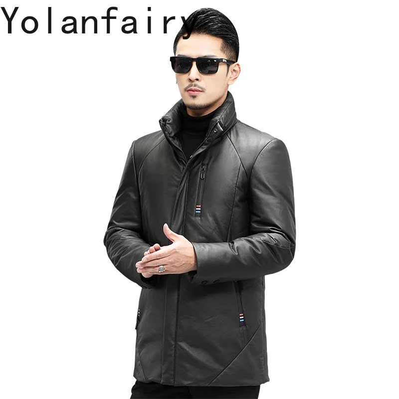

YOLANFAIRY Real Sheepskin Leather Down Jacket Men Winter Mid-length Warm Genuine Leather Jackets Man Stand Collar Puffer Coats
