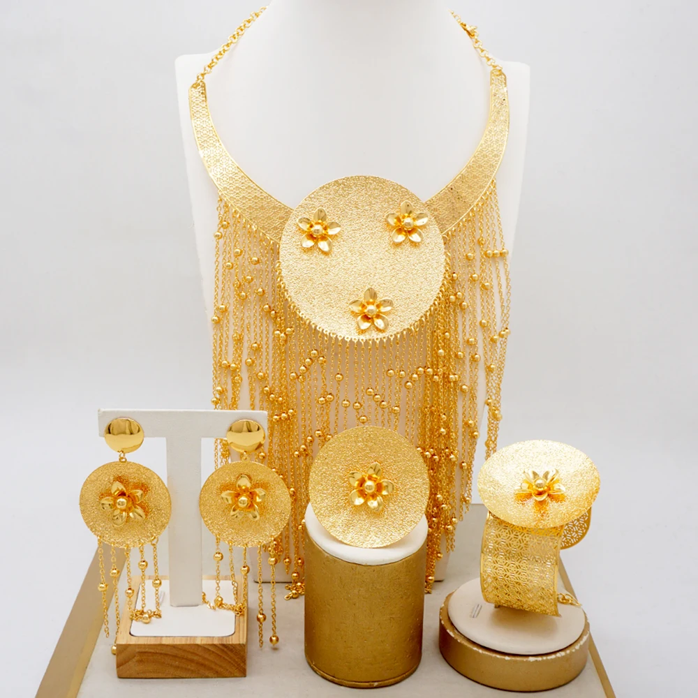 African women big Luxurious jewelry sets Golden Long necklace Wedding sets