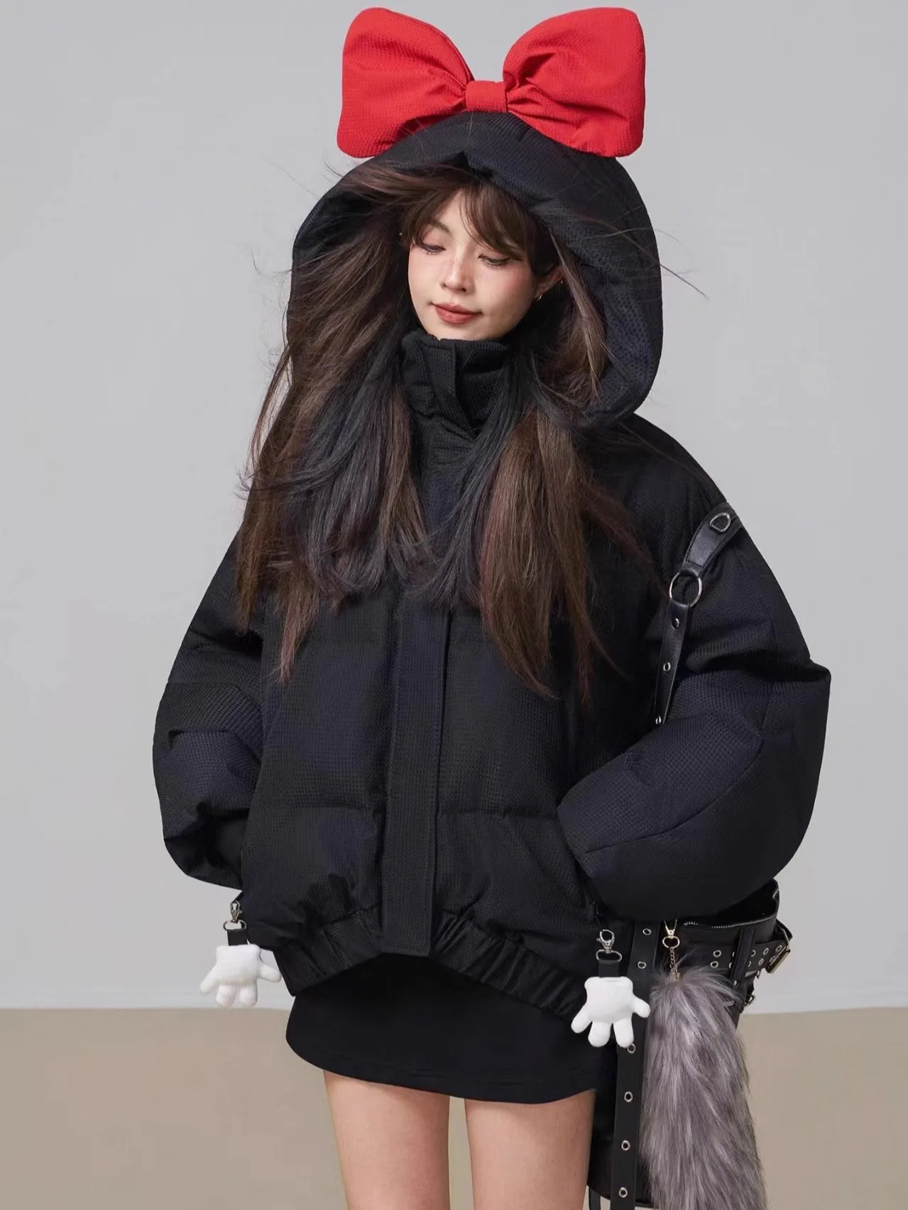 

Thiened Puff Sle Hooded Cotton Jaet Women's Winter New Faion Texture Anti-Waterproof Bla Sweet Series Coat