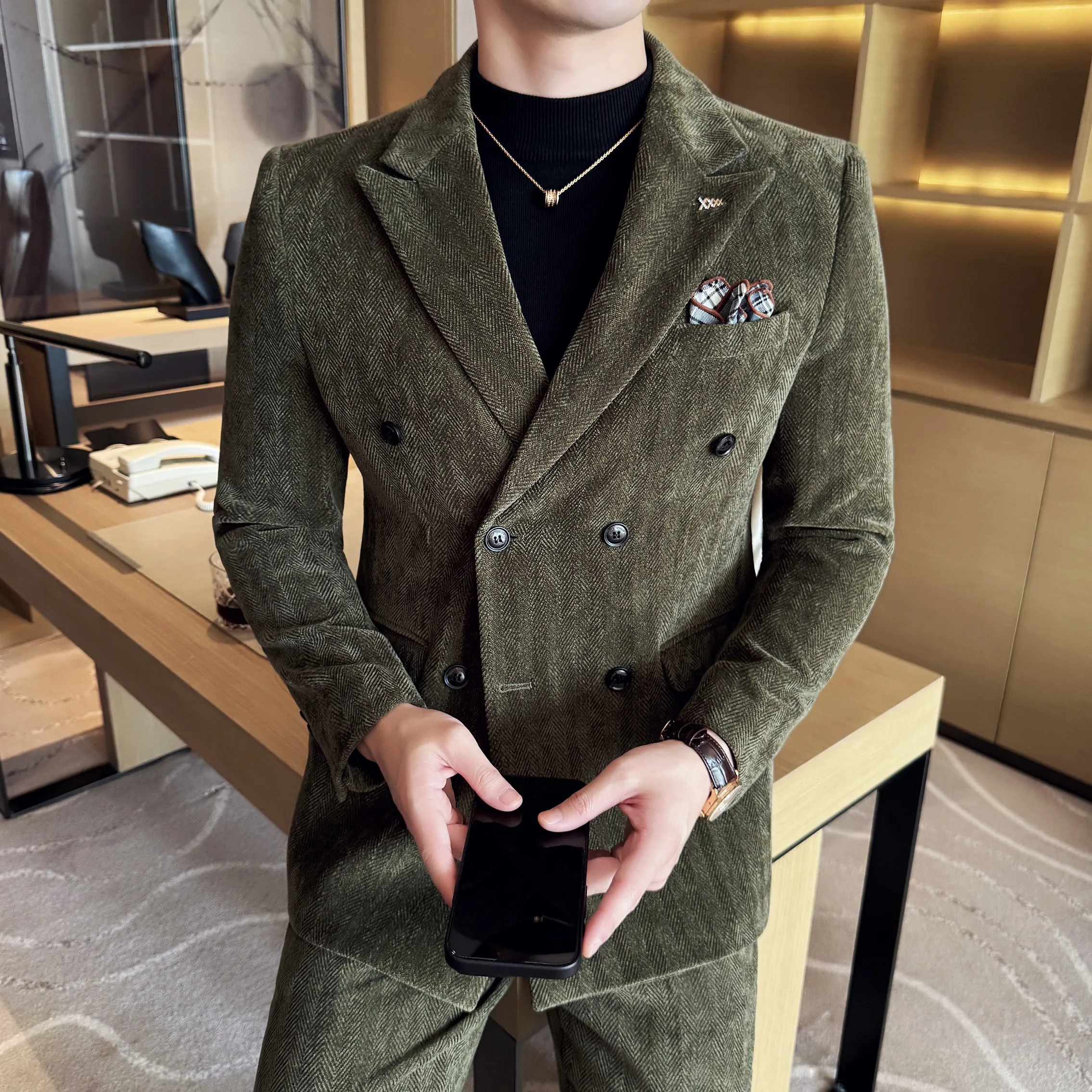

2025 Winter Woolen Men's Wedding Groom Suit Double Breasted Suit 3 Piece Set Business Casual Office Work Party Prom Dress Suits