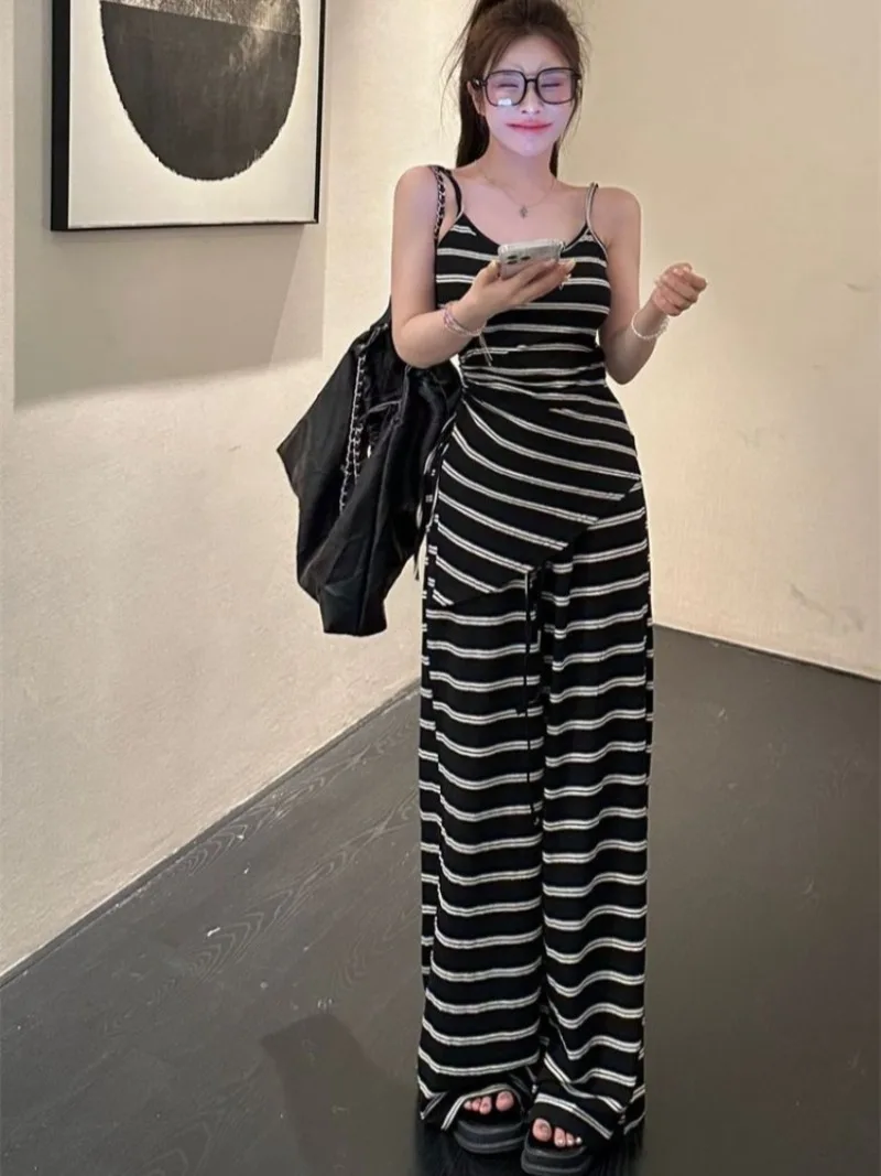 

Korean Style Hot Girl Slimming Camisole Top High Waist Striped Wide Leg Pants Two Piece Set Summer Casual Versatile Outfit