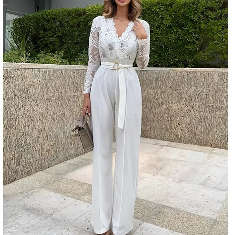 

2025 женский белый комбинезон с кружевной строчкой и длинным рукавом с v-образным вырезом, большие размеры, широкие длинные брюки, офисные женские комбинезоны, уличная одежда