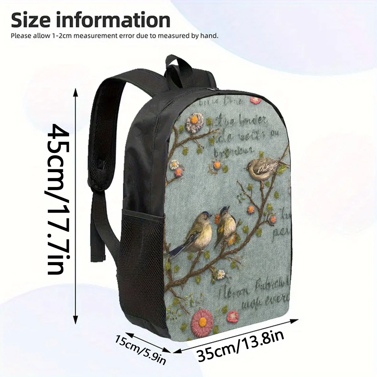 

1 embroidered bird backpack - A 17-inch large-capacity lightweight and durable casual backpack for leisure use.
