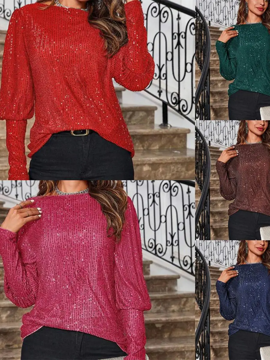

Loose round Ne Long Sve T-irt Women's Comfortable Breathable Summer Top Bright Tead Detailing Commute Sle Pure Color