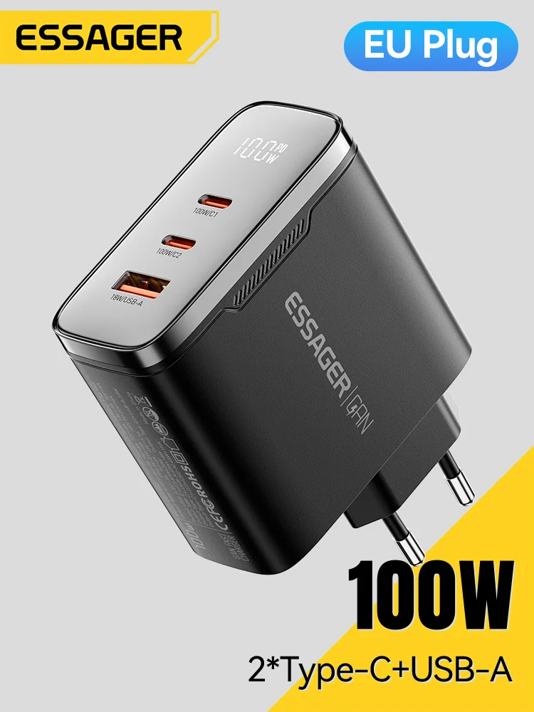 Essager 100W GaN USB Type C Ładowarka z Cyfrowym Wyświetlaczem PD QC Przenośna Ładowarka USB do iPhone 17 16 15 Xiaomi Macbook Laptop — zdjęcie produktu 7