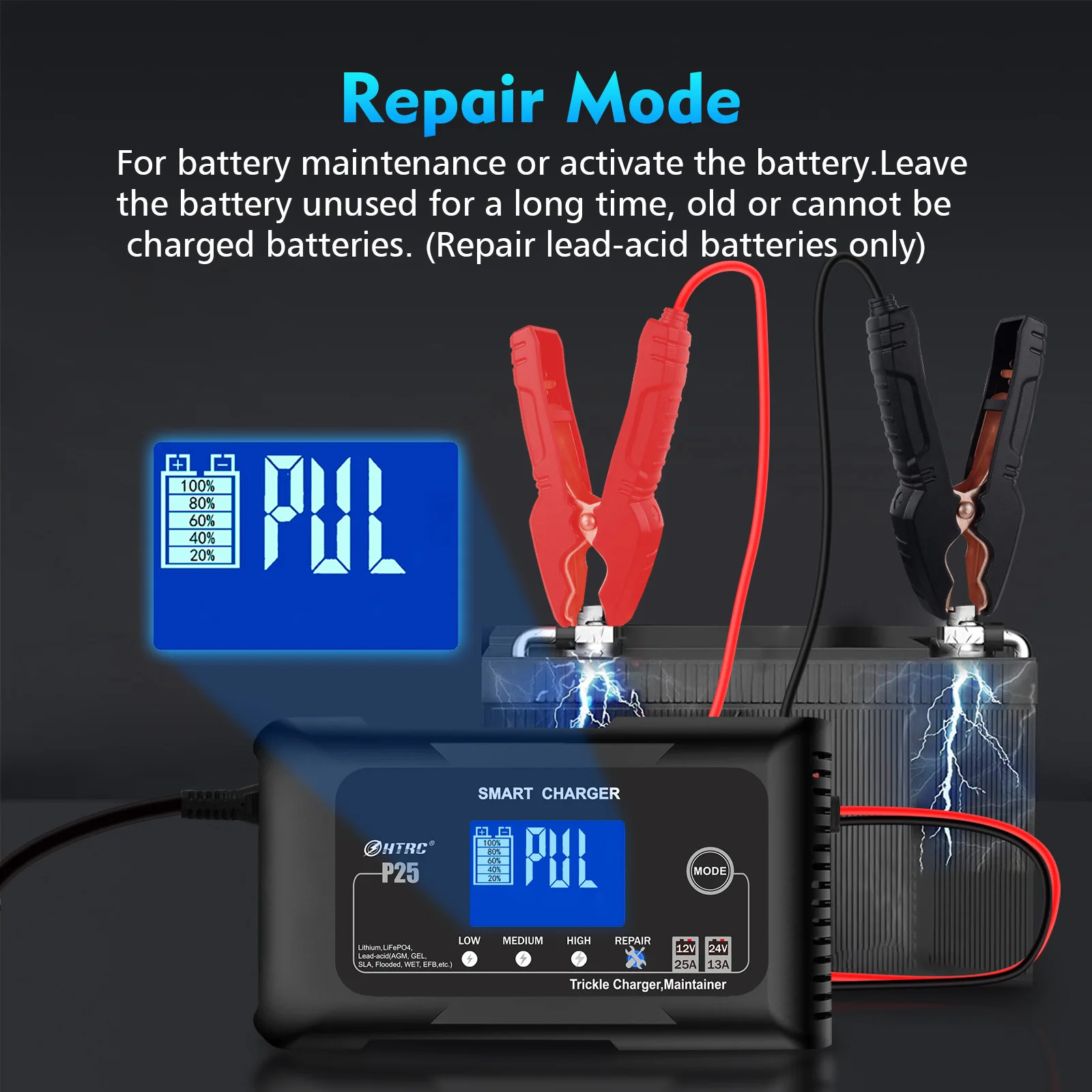 HTRC 12V 25A Car Auto Battery Charger 24V 13A Smart Repair Charge for Truck Motorcycle Lead Acid Lifepo4 Battery AGM GEL Lithium