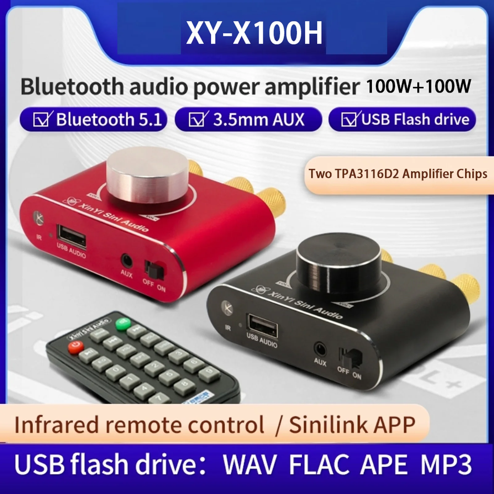 

5.1 BT HIFI Level Stereo Digital Amplifier Board Dual Core TPA3116 100W*2 Support AUX WAV FLAC APE MP3 Amplifier Module