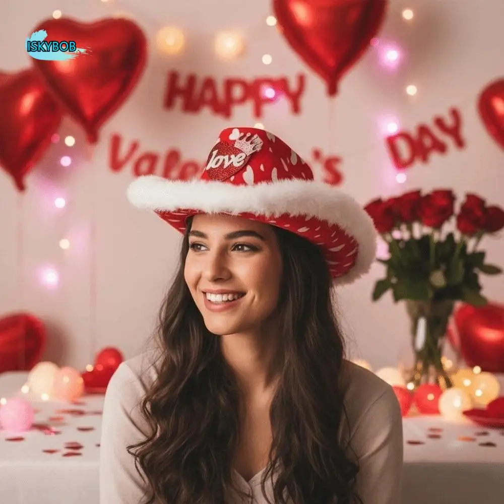 

Adjustable Wide Brim Red Heart Cowboy Cap Felt Warmer Cowgirls Top Hat Lightweight Fashion Valentine's Day Party Hat Men