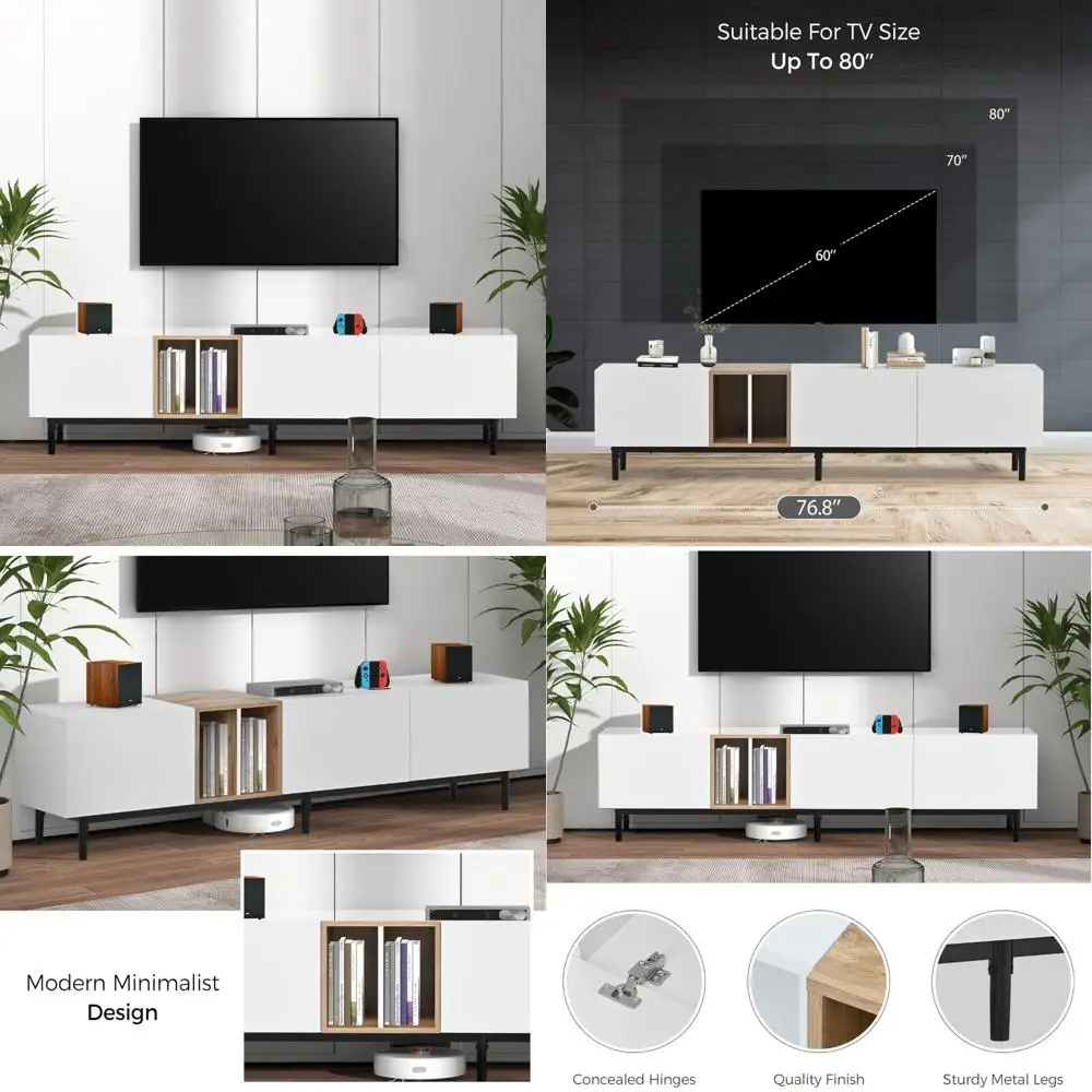 Modern 77 Inch TV Stand for 80 TVs, Minimalist Entertainment Center with 3 Cabinets and Open Shelves, Media Console Table