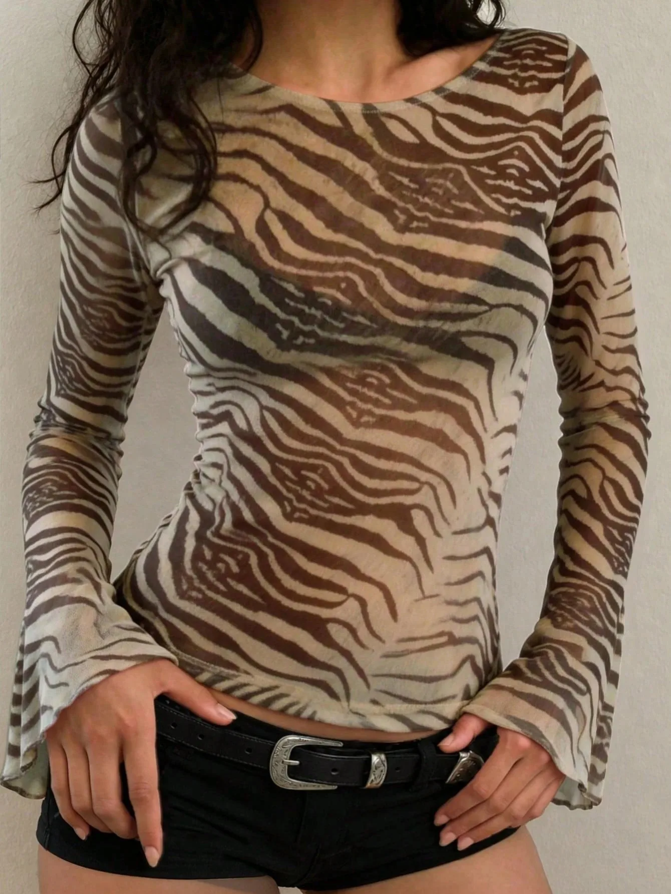 Blusa Elegante de Manga Larga con Estampado de Tigre y Malla, Estilo Y2K Sexy de Otoño para Mujer, Ideal para Fiestas y Salidas