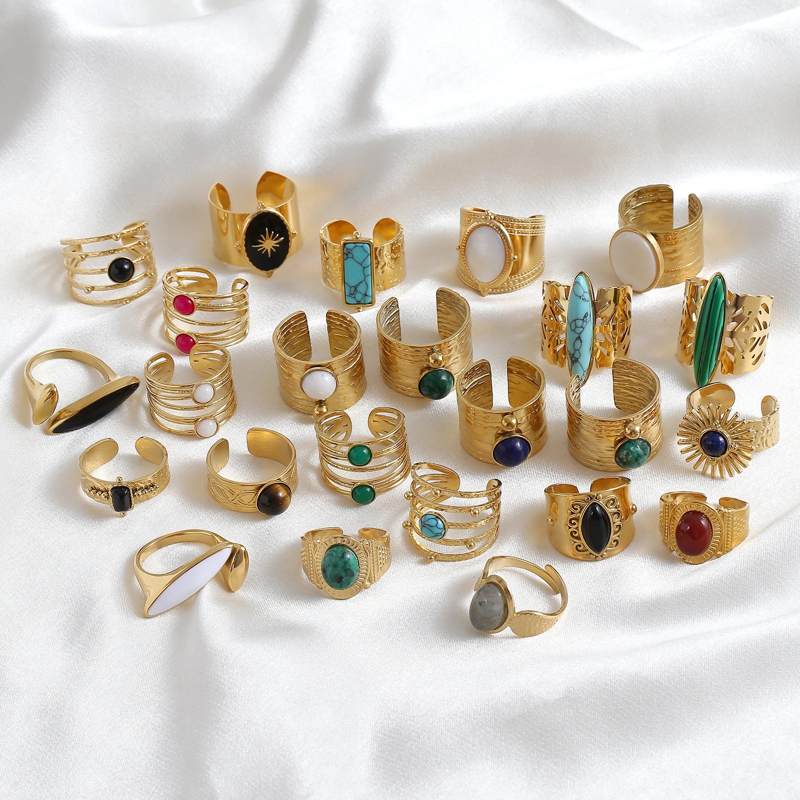 2025 Retro Women Stainless Steel Waterproof Rings Unique High Quality Bohemia Natural Stone Wide Rings Open Jewelry Party Gift