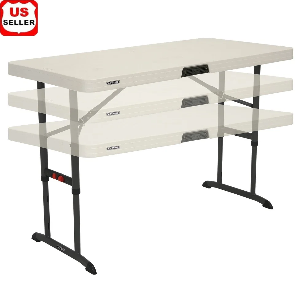 

4 Foot Folding Table Indoor Outdoor Commercial Grade Durable HDPE Stain Resistant Adjustable Height Space Saving Design