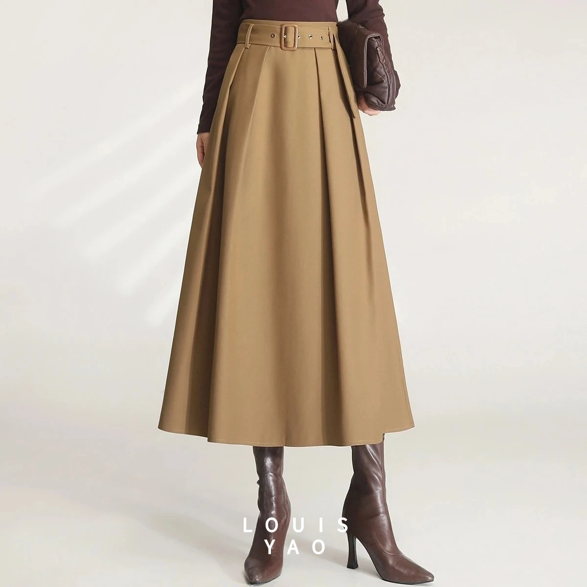 

Юбка LOUISYAO для офиса, женская, с высокой талией, плиссированная, осень 2025, со съемным поясом, А-силуэт, миди, повседневная, для работы