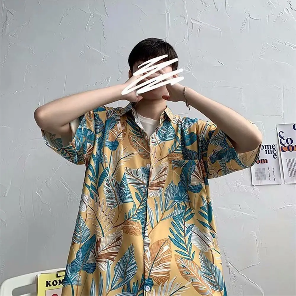 Retro Hawaiian Style T-Shirt Short Sleeve Floral Print Unisex Floral Blouse Oversized V-neck Couple Clothing T-Shirt Seaside