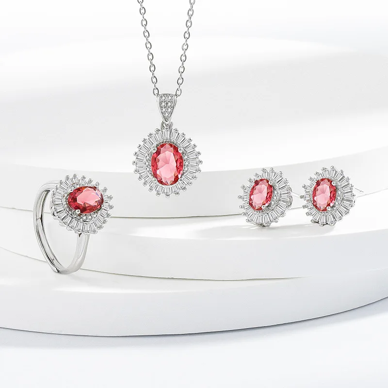 100% 925 Pure Silver Three-piece Red Gemstone Necklace, Ring and Stud Earrings for Ladies - Wedding Jewelry