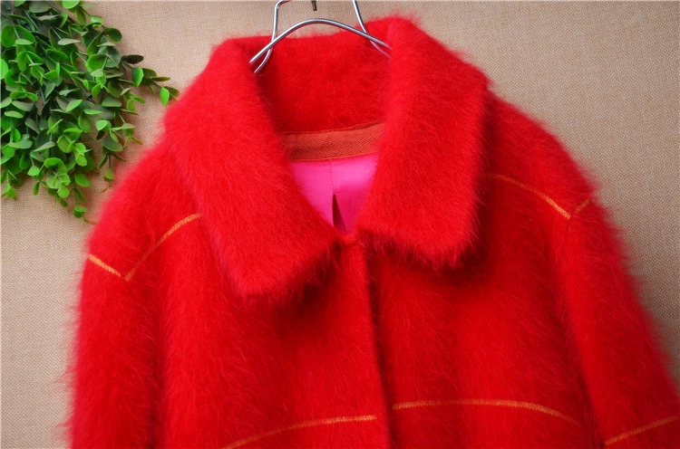 Female Women Fall Winter Clothing Red Hairy Mink Cashmere Knitted Turn-Down Neck Slim Long Sweater Cardigans Angora Fur Jacket