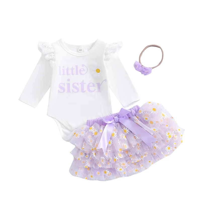 

Newborn Baby Girl Outfit Ruffle Letter Romper Shirt Top Floral Tutu Skirts Set with Headband Fall Spring Clothes