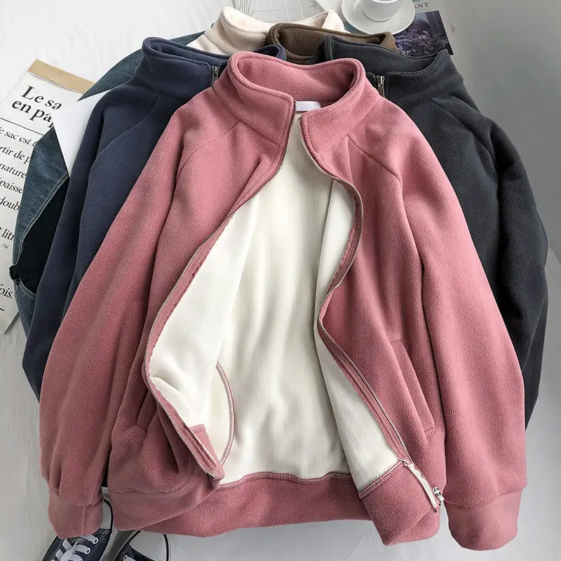 

Women winter Casual Fleece Jackets Loose Stand Collar Retro Long Sleeve Zipper Fashion Cardigan Plus velvet Sweatshirt Coats