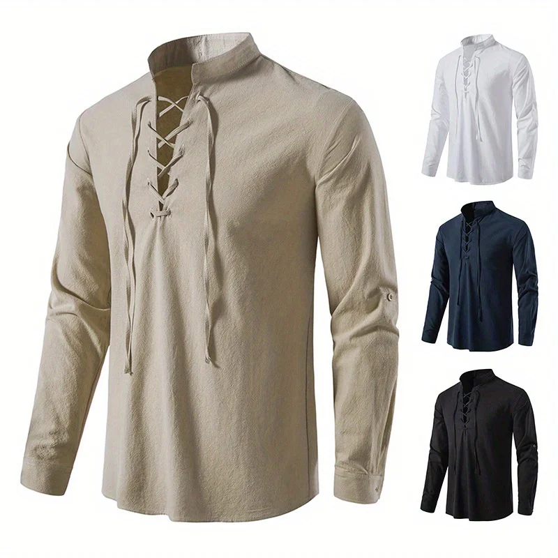 

Men's Cotton and Linen Shirt Long Sleeve Hippie Casual Beach Stand-up Collar Shirt Stage Performance Costume Accessories
