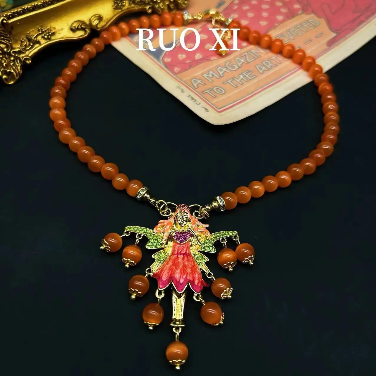 تشينغداو خمر الملاك شرابة Glze KF قزم حجر الراين البرتقال قلادة القرون الوسطى المتخصصة الأزياء قلادة للنساء #2