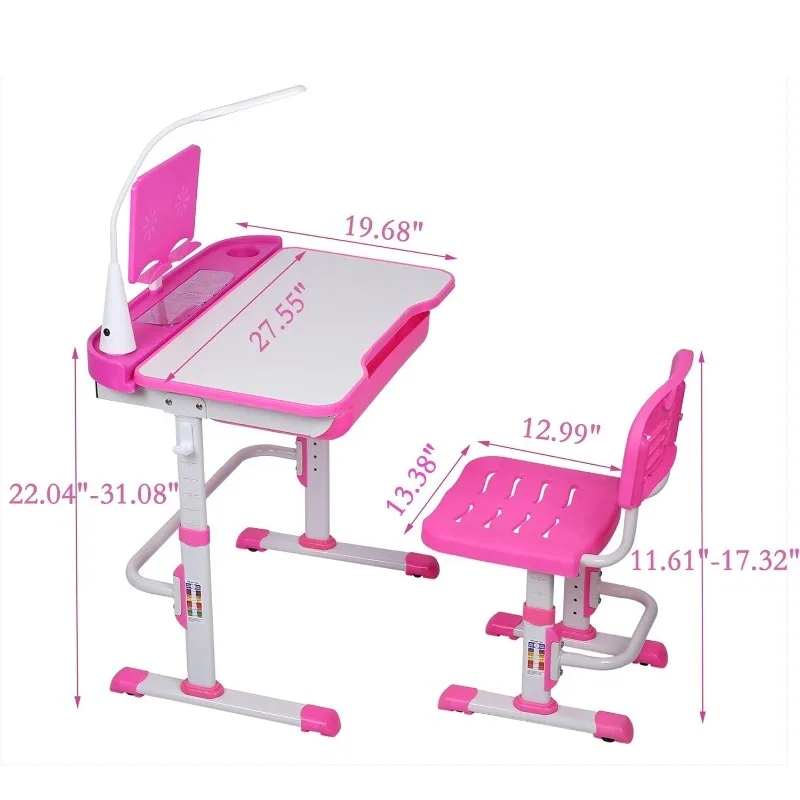Kids Desk and Chair Set, Height Adjustable Child's School Study Writing Tables with Tilt Desktop, LED Light, Storage Drawer