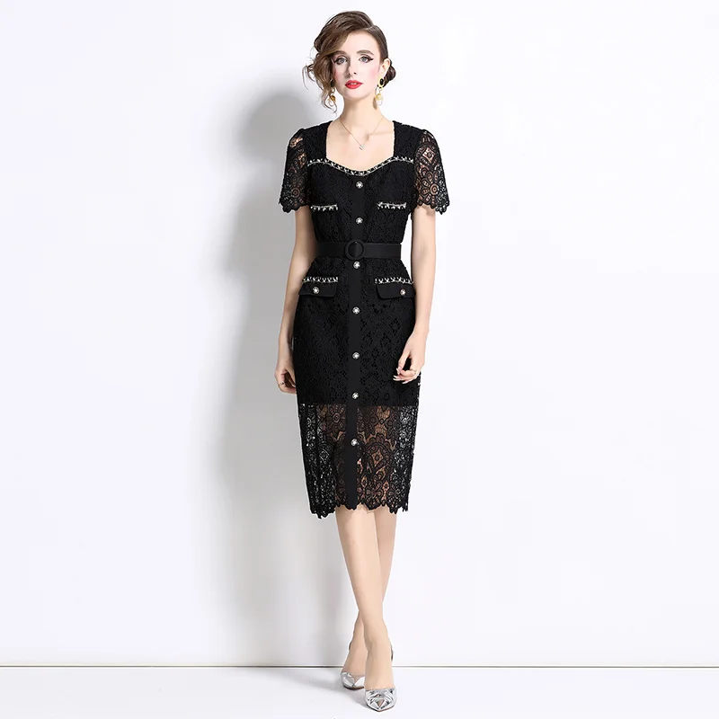 

Summer Square Collar Luxury Beading Lace Slim Bodycon Midi Dresses for Women Short Sleeve Flower Hollow out Party Dress