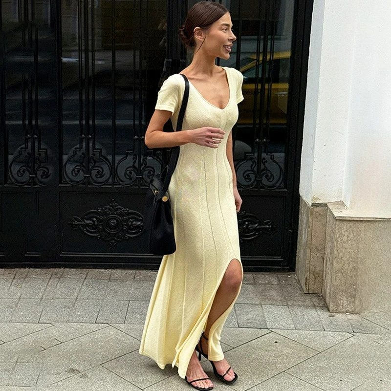 

Talenza Fashion Knitted Dress Women's Solid V-Neck Slit Ribbed Patchwork Short-Sleeved Dress Casual Vacation Slim Elegant Dress