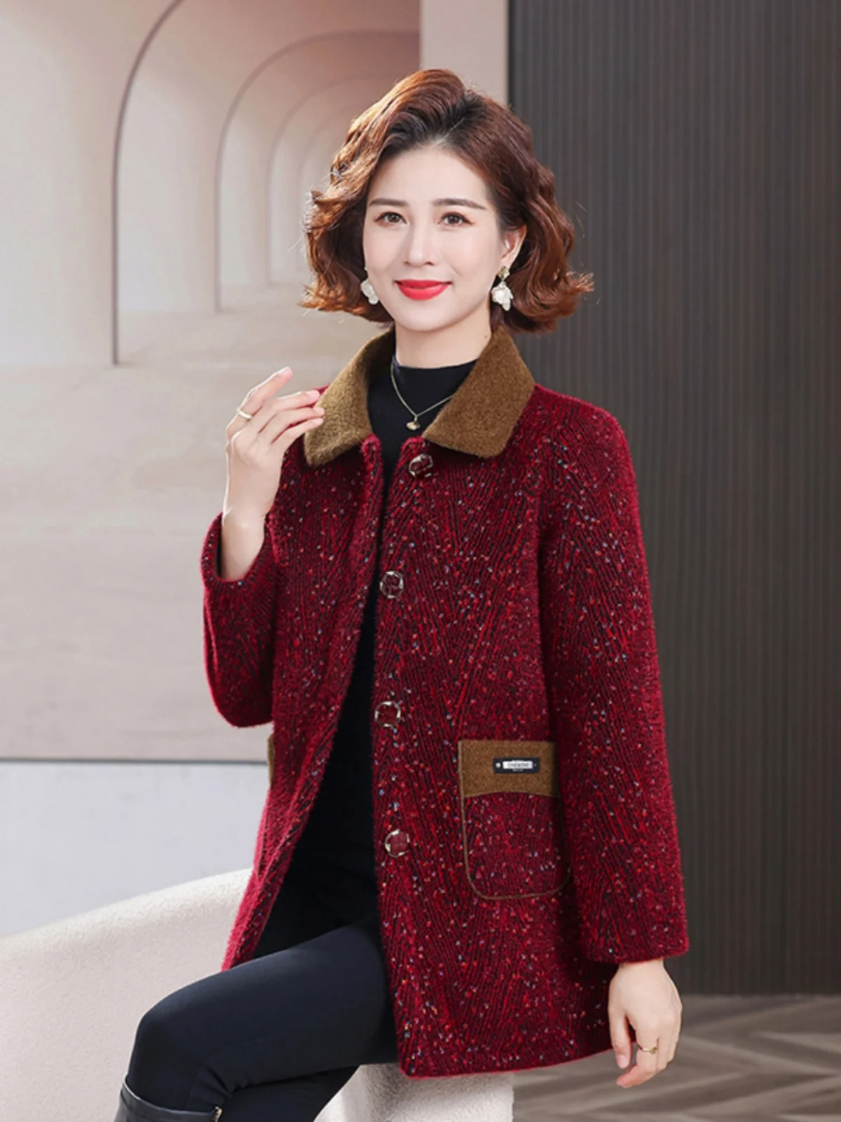 Abrigo de lana con forro de lana uesa para mamá, moda de invierno, longitud media, talla ande, chaqueta para mujer, abrig...