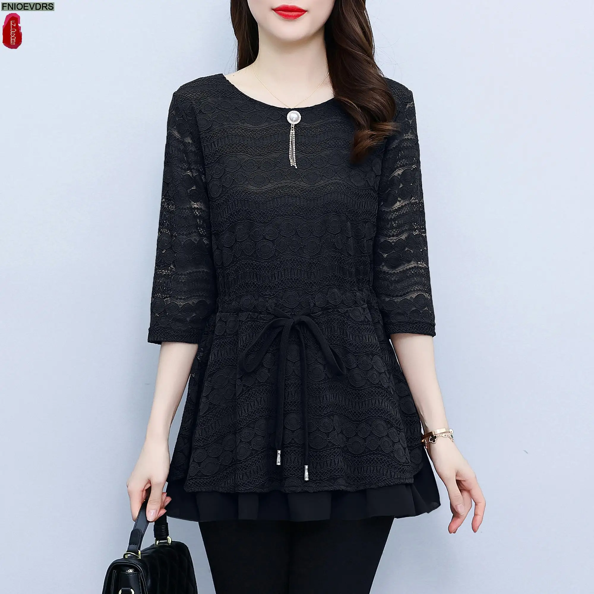 L-5XL Loose Clothes 2023 Women Summer Elegant Office Lady Work Black Lace Shirt Casual Slim Waist Tunic Peplum Tops And Blouses