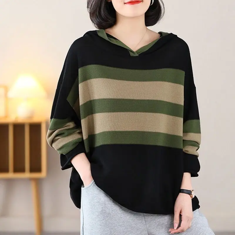 Korean Fashion Autumn Winter New Sweater Hoodies Women Fashion Stripe Patchwork Long Sleeve Loose Casual Versatile Sweatshirts