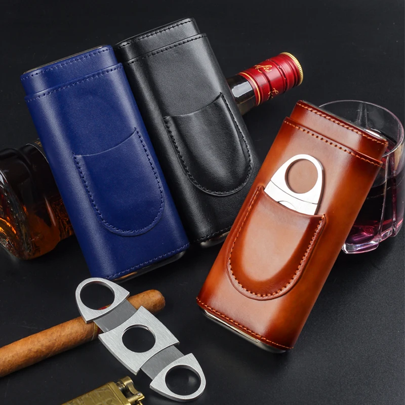 

PU Leather Cigar Tube Portable 3 Fingers Cigar Holder Travel Humidor Cigars Accessories Wooden Cigar Holder Box With Cutter