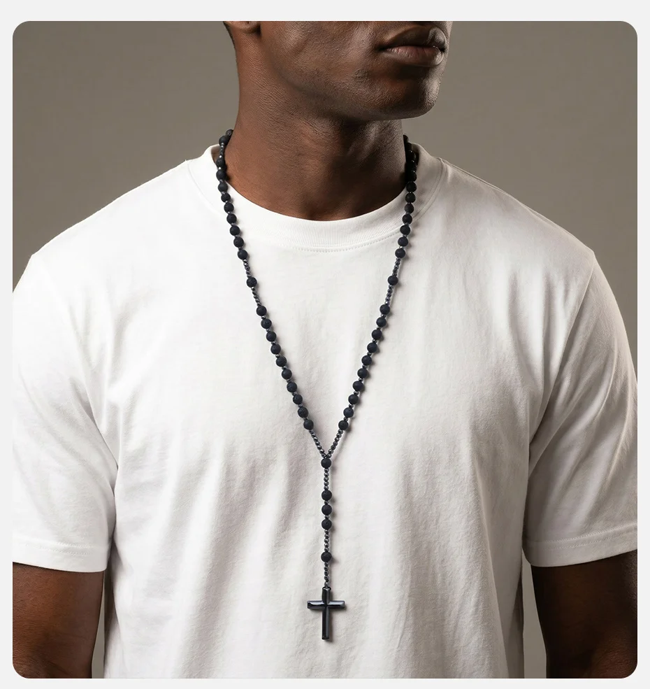 Vnox Herren Rosenkranz-Halskette, Hämatit-Kreuzanhänger, Lavastein-Tigerauge-Perlen, lange Kette, religiöser christlicher Gebetsschmuck, Geschenk – Detail 2