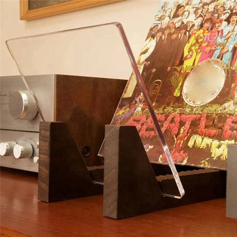 Vinyl Record Storage Holder Large Capacity Acrylic Ends Display Stand Wooden LP Vinyl Album Desktop Rack