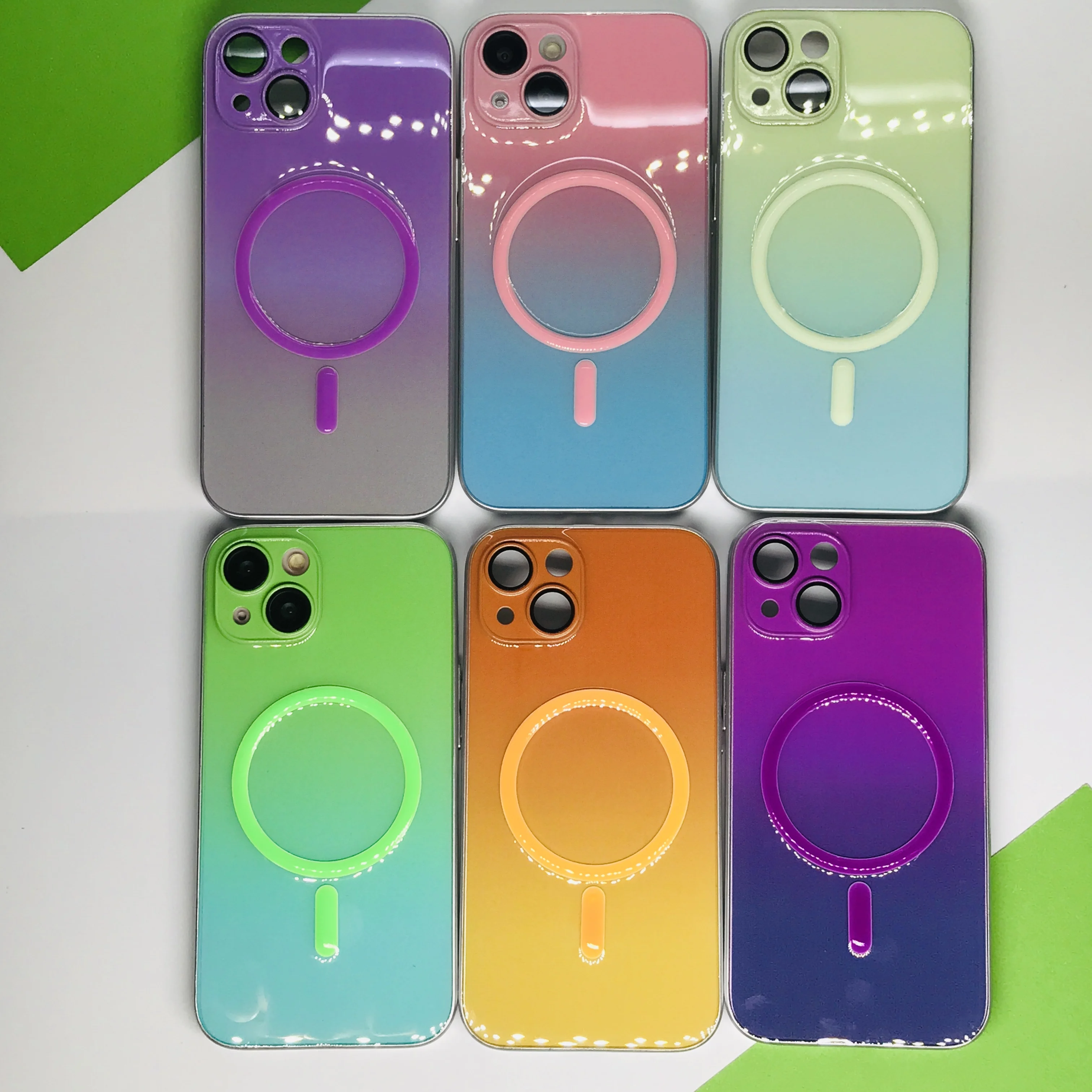 Gradient Dual Color Luminous Magnetic Case Suitable for iPhone 12 13 14 15 Pro Max with Built-in Lens Film Anti Drop Cover