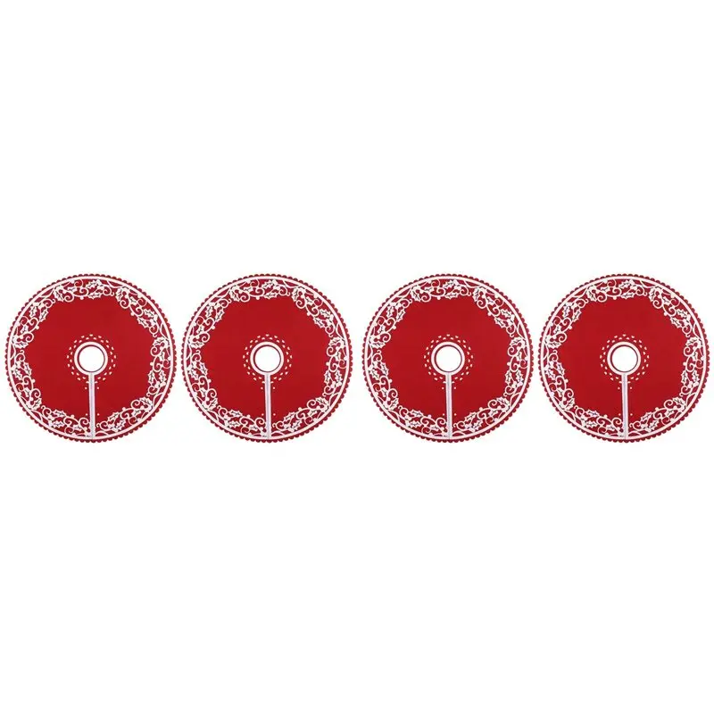 4 Pcs Christmas Tree Skirt - 12 Inches Mini Tree Skirt With Floral Border Pattern For New Year Party Xmas Decoration