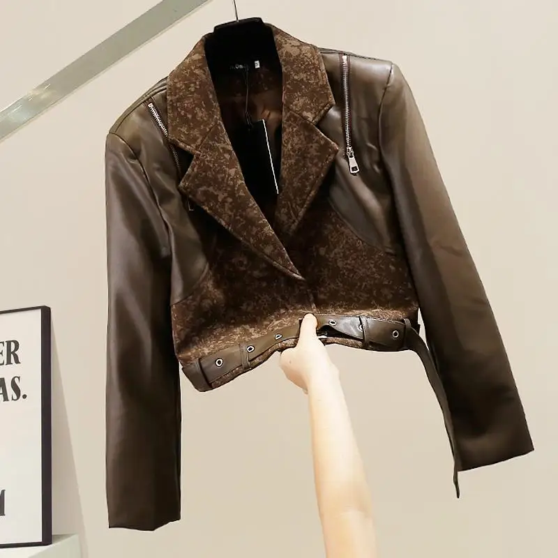 

Faionable Heavy Du Zipper Decorated American Retro Patchwork Leather Jaet Slim Fit Motorcycle Jaet Versatile Top