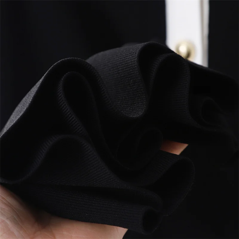 Knitted Black Dresses Women Dress Spring Summer Viscose Offce Lady Ice Silk V-neck Short-sleeved Color Contrast Cool White Skirt