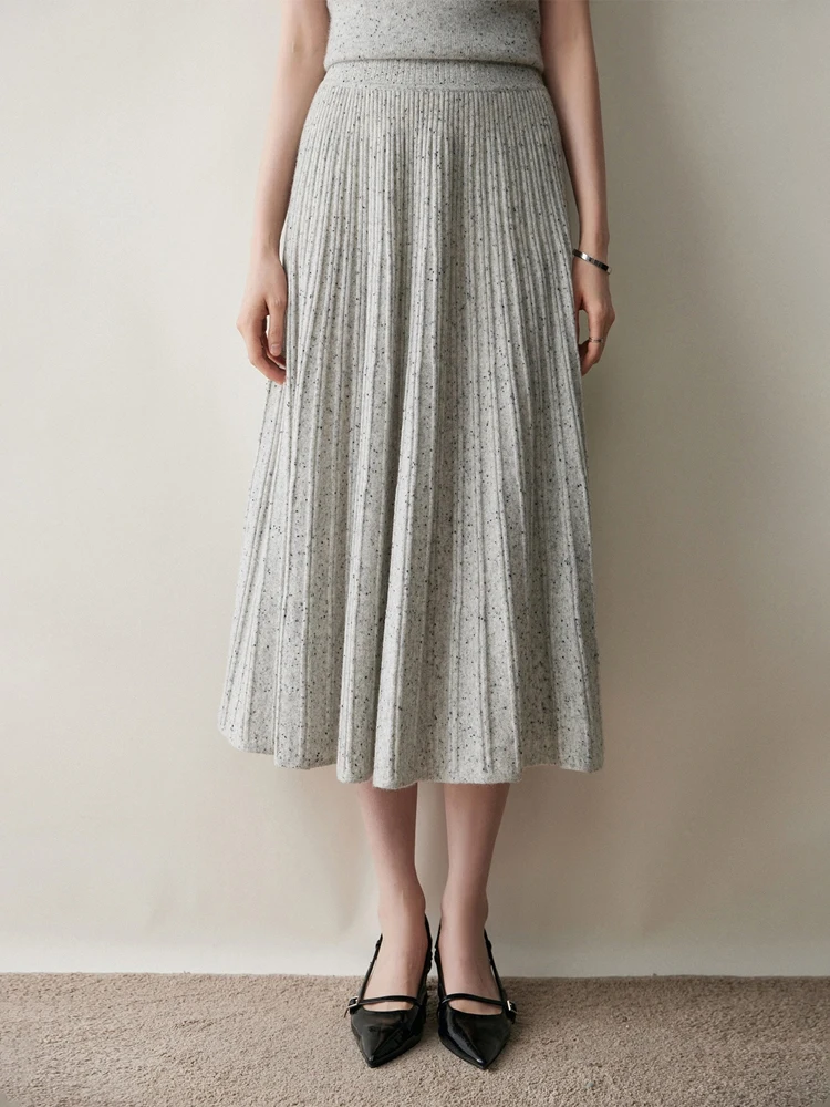 

Chic Women's Cashmere Pleated A-line Skirt Autumn Winter 100% Cashmere Knitted Colorful Dots Decoration Elastic Waist Soft Dress