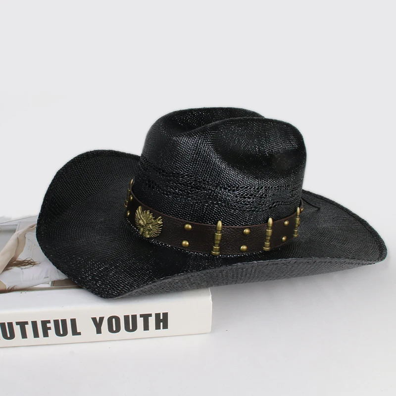 Unisex Two Guns Hollow-out Yellowstone Hard Straw Beach American Western Wide Brim Cowboy & Cowgirl Sun Hat Pinch Front 55-61cm